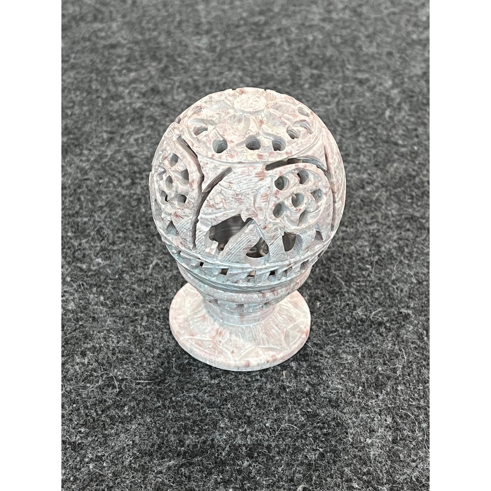 Hand Carved Soapstone Elephant Tea Light Candle Holder Pink Grey Lattice 4.25in